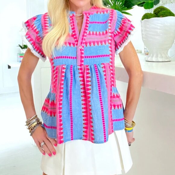 THML Boho Denim Chambray Flutter Sleeve Embroidered Top - Picture 4 of 12